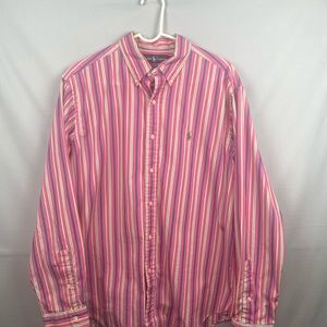 Mens Ralph Lauren Large Casual Button Down Shirt Pink Striped Classic Fit